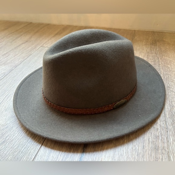 Crushable 100% Wool Green Gray Safari Fedora Travel Hat Braided Band Size 60 - Picture 2 of 16